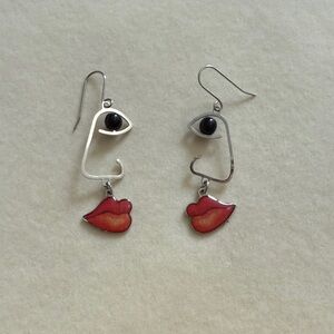 Abstract Face Earrings with Red Lips